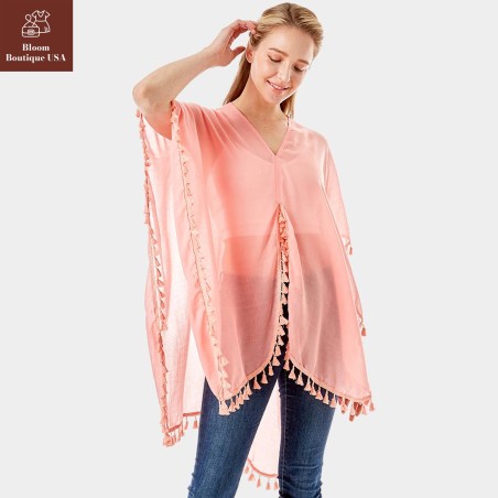 Tassel Trimmed Solid Cover Up for Women - Stylish & Versatile