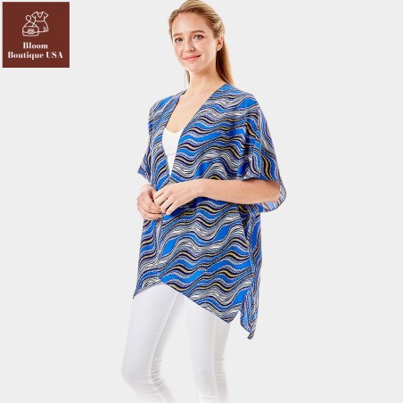 Wavy Printed Lurex Cover Up Poncho Kimono