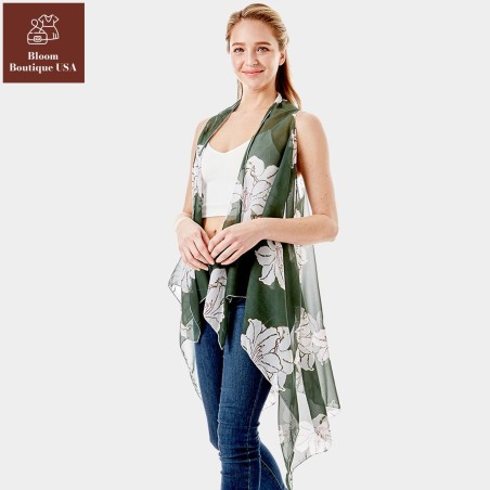 Lily Flower Patterned Chiffon Cover Up Vest | Lightweight Polyester